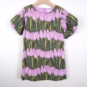 Crewcuts Linen Blend Girls Puff Sleeve Painted Tulip Party Dress Size 6